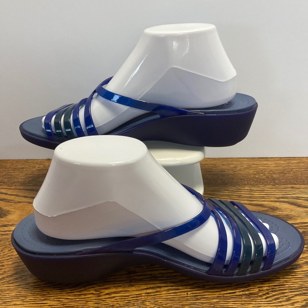 Crocs Isabella Strappy Wedge Sandals Navy Blue Teal Womens 10 Comfort Slip On - Picture 2 of 7